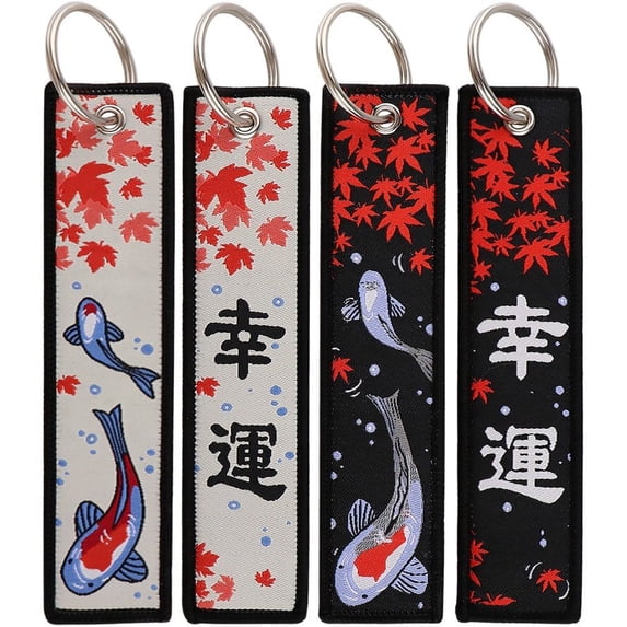 vlrwzc 4pcs Personalized Keychains, Japanese Wave Key Tag Embroidery Car Keyring, Fabric Embroidered Motorcycle Keychains for Motorcycles Bike