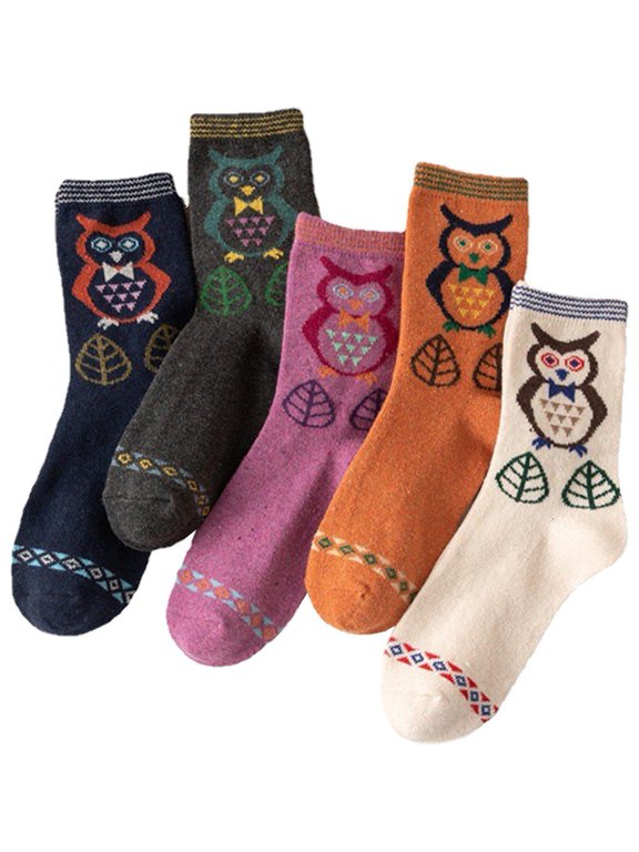 5 Pairs Women Socks Funny Cute Animal Ladies Socks Owl Pattern Socks for Women Winter Warm Wool Socks