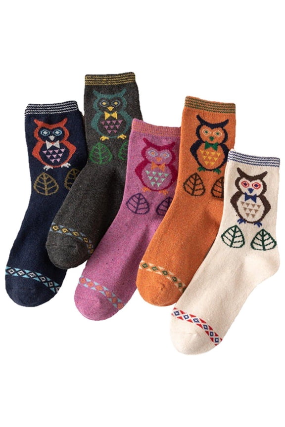 5 Pairs Women Socks Funny Cute Animal Ladies Socks Owl Pattern Socks for Women Winter Warm Wool Socks