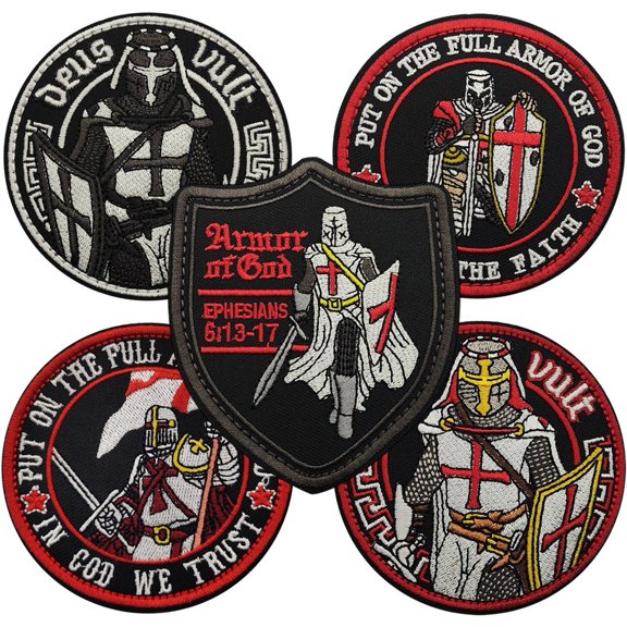 vlrwzc 5pcs Crusader Knight Patch Embroidered Christian Shield Insignia Crest, Iron-On/Sew-On Badge for Backpack Vest Uniform, Medieval Templar Cross Morale Emblem Armband
