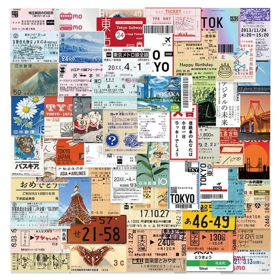 vlrwzc 60PCS Japanese Postcard Ticket INS Style Stamp Sticker Stationery Travel Diary Luggage Waterproof Helmet Stickers