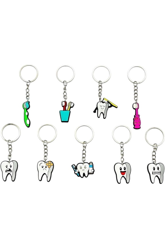 9pcs Teeth Keychain Teeth Health Key Holder Toothbrush Key Rings Tooth Shape Model Keyrings Keys Pendant
