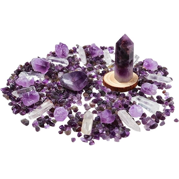 vlrwzc Amethyst Flower Crystal Gift Set - Natural Raw Stone Hexagonal Pillar, Crushed Stone Heart Peach Mineral Specimen, Reiki Healing Home Decor Box