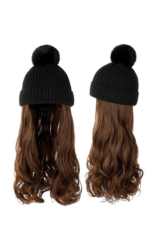 Beanie Hat with Long Wavy Curly Hair Extensions Knit Beanie Cap Attached Synthetic Wig Detachable Hairpiece for Winter Women
