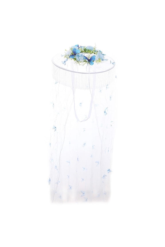 Blue Chinese Veil Hat With Butterfly Floral Decor Pearl Curtain Hat
