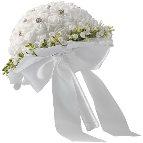 vlrwzc Bridal Wedding Bouquet, White Foam Rose Bouquet with Pearl and Rhinestone Accents, 23 x 26 cm, 1 Pack