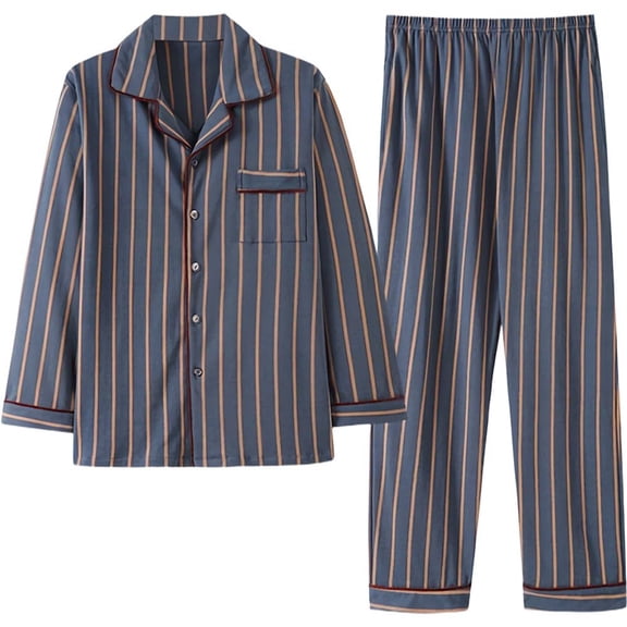 vlrwzc Classic Stripe Men's Pajamas – Soft Button Front Sleepwear Set – Long Sleeve Top & Matching Pants – Lounge in Comfort Every Night