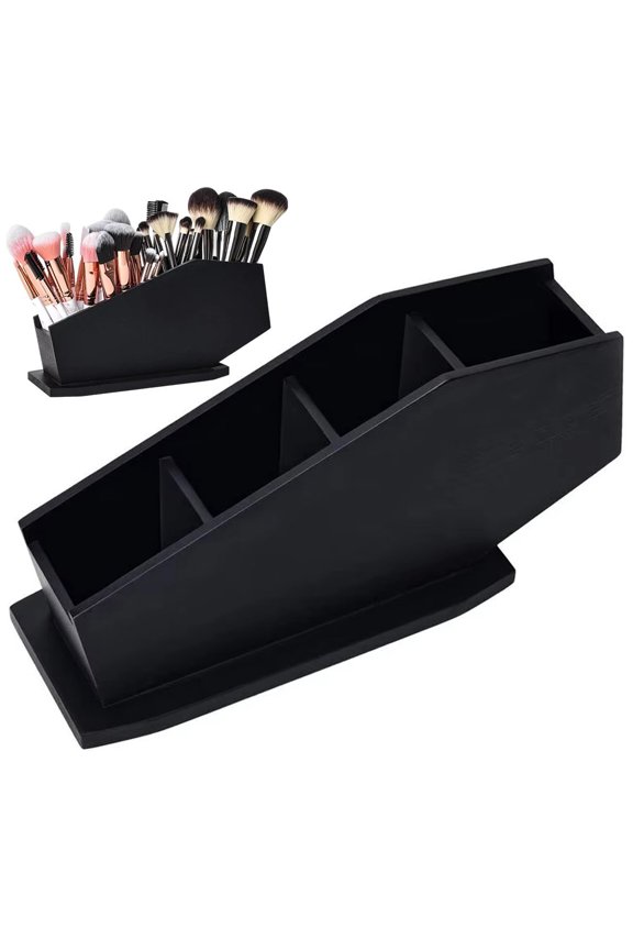 Coffin Brush Holder - Gothic Wooden Makeup Organizer for Vanity - Spooky Halloween Decor for Bathroom, Living Room or Bedroom