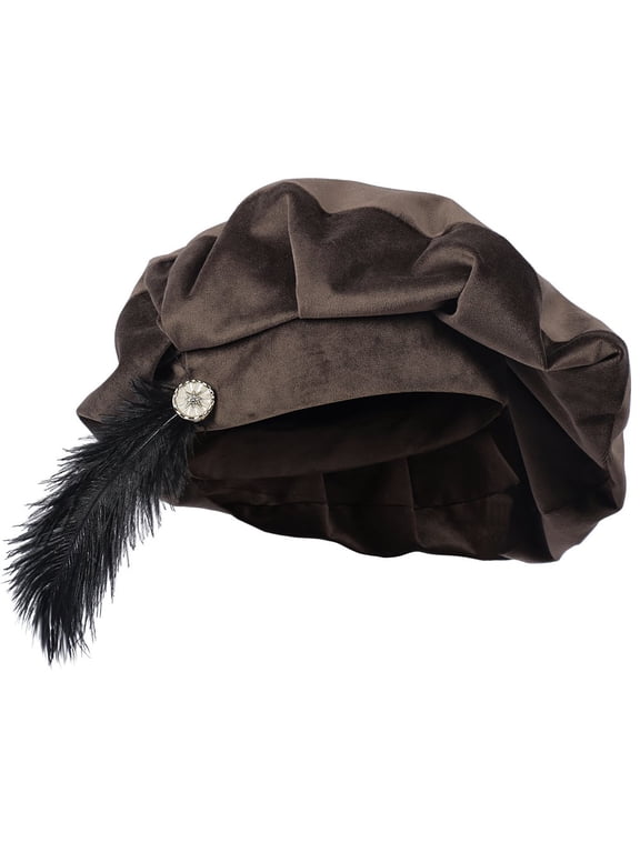Elizabethan Unisex Beret Hat With Feather Medieval Cap for Theme Parties
