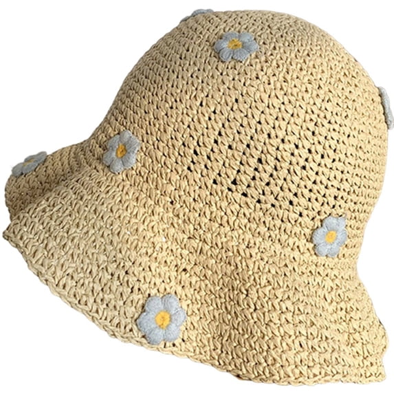 vlrwzc Flower Decor Straw Woven Bucket Hat Summer Sun Shade Fisherman Cap