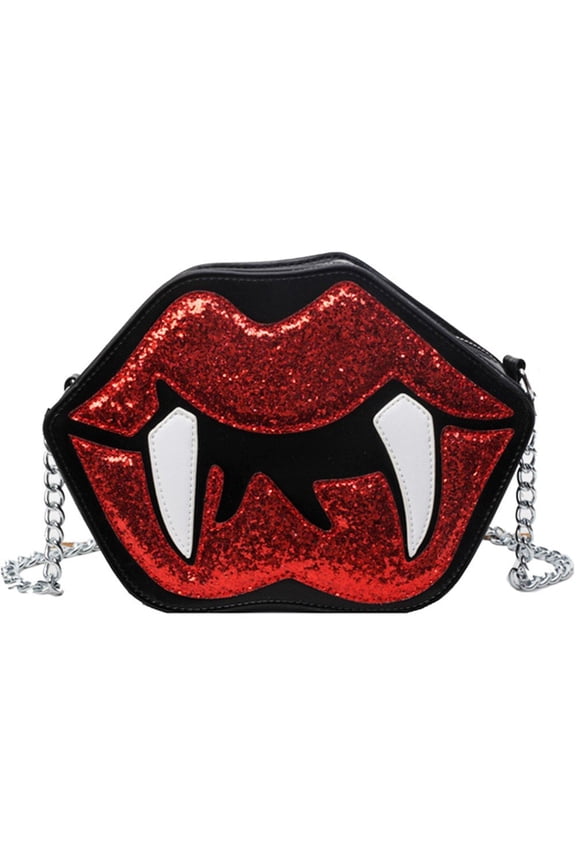 Funny Tooth Lip Shape Shoulder Bag Gothic Crossbody Bag with Chain Halloween PU Leather Sequined Purse for Women