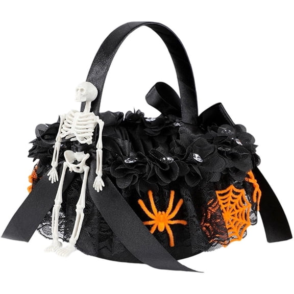 vlrwzc Gothic Lace Candy Basket with Skull Accents, Black Satin Ribbon Gift Basket with Handles for Party Decor
