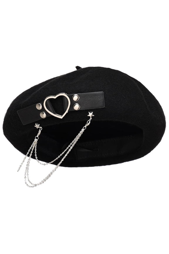 Gothic Lolita Beret Cap Black Punk Casual Newsboy Cap with Heart Buckle Women Woolen Beanie JK Hat Accessories