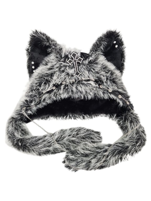 Gothic Punk Cat Ear Hat With Cross Chain Decoration Plush Warm Winter Cap For Alternative Y2K Festival