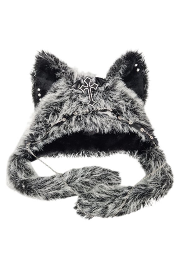 Gothic Punk Cat Ear Hat With Cross Chain Decoration Plush Warm Winter Cap For Alternative Y2K Festival