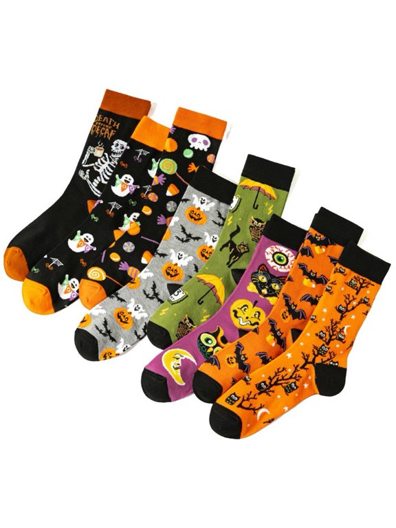 Halloween Socks, 8-Pair Ghost Skeleton Bat Spider Web Crew Socks for Adults, Size 36-44, 8 Pairs