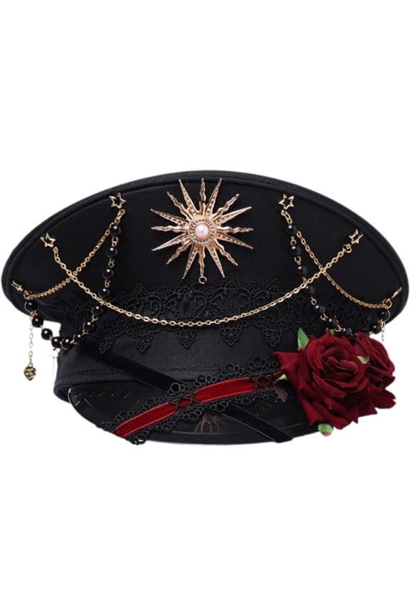 Lolita Women Police Military Hat with Rose Steampunk Carnival Festival Captain Yacht Party Hat Cop Halloween