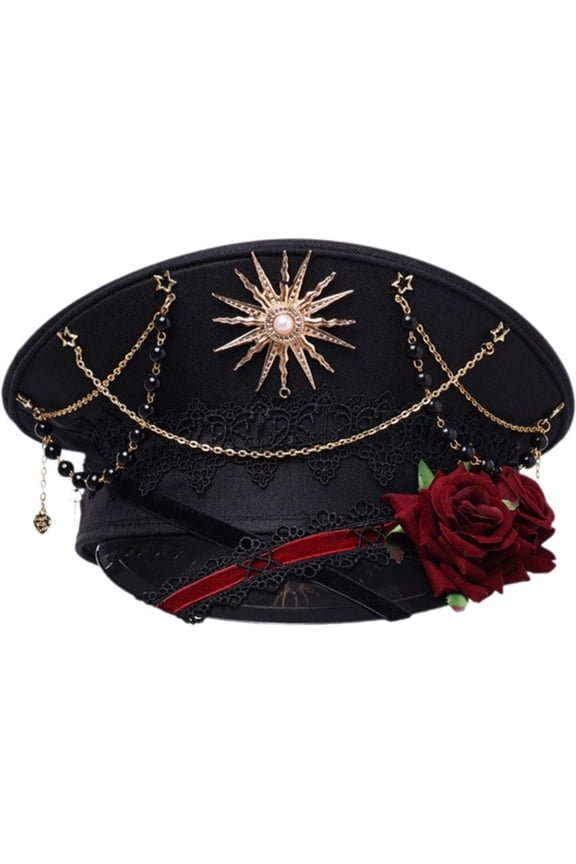 Lolita Women Police Military Hat with Rose Steampunk Carnival Festival Captain Yacht Party Hat Cop Halloween