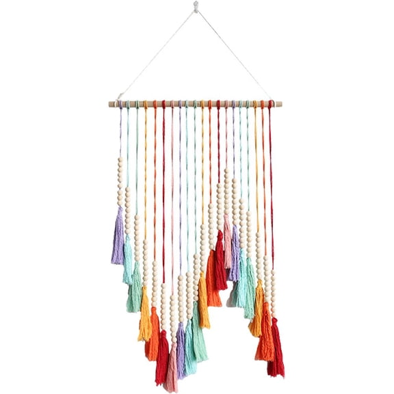 vlrwzc Macrame Wall Hanging, Colorful Tassel Wood Beads Wall Decor Boho Garland Decor, Bohemian Tapestry Nursery Bedroom Living Room Home Decoration