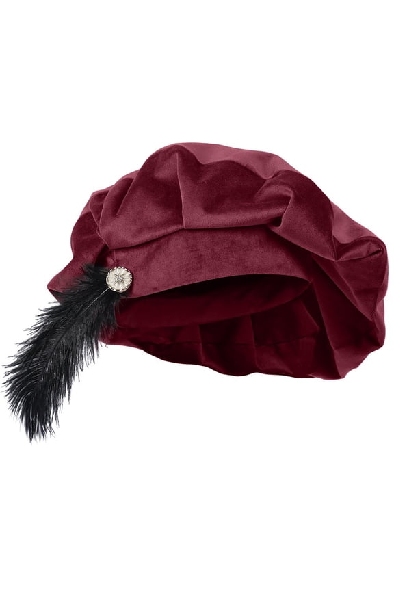 Medieval Unisex Beret Hat With Feather Renaissance Minstrel Cap