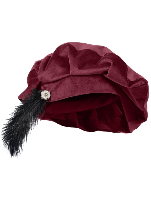 Medieval Unisex Beret Hat With Feather Renaissance Minstrel Cap