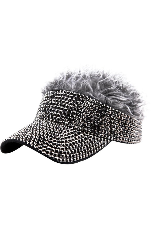 Men's Hair Hat Sun Visor Hat with Wig Rhinestones Spiked Golf Visors Adjustable Sun Visor Hat Wig Cap Golf Baseball Cap for Women Men