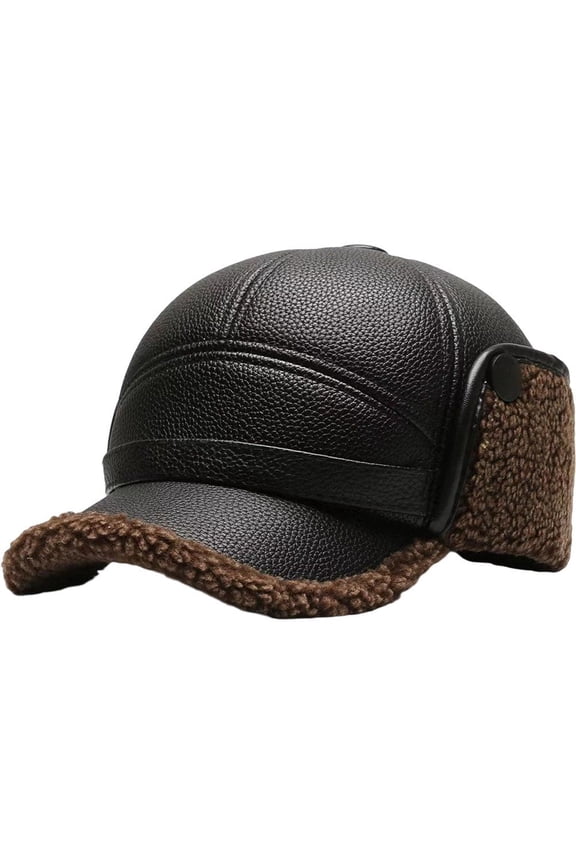 Mens Ear Protection Cap PU Leather Thermal Baseball Hat Winter Warm Baseball Sports Cap With Ear Flaps For Grandpa Senior Men