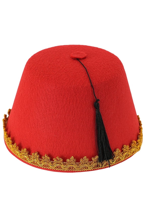 Red Turkish Fez Hat, Ethnic Style Felt Moroccan Cap with Tassel for Parties