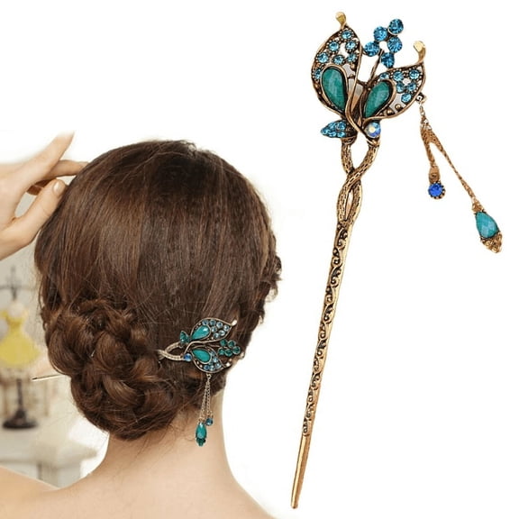 vlrwzc Retro Butterfly Flowers Hair Stick Metal Crystal Rhinestone Tassel Hairpin Chinese Updo Hair Chopsticks for Women Wedding