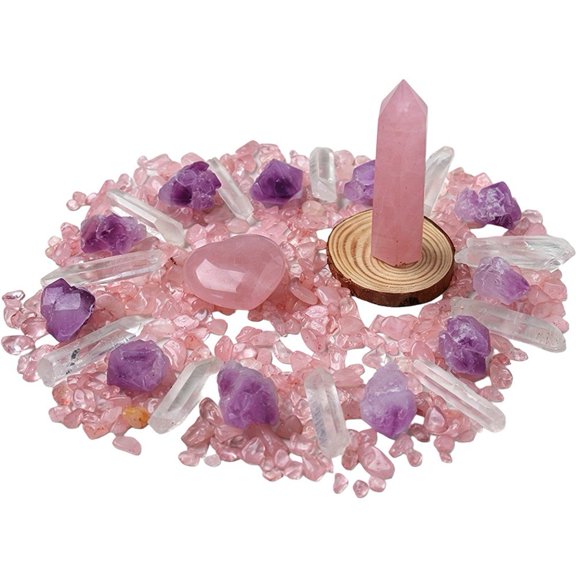 vlrwzc Pink Crystal Healing Set - Rose Quartz Hexagonal Column with Crushed Stone Heart, Natural Raw Stone Gift Box for Love Energy Home Decor