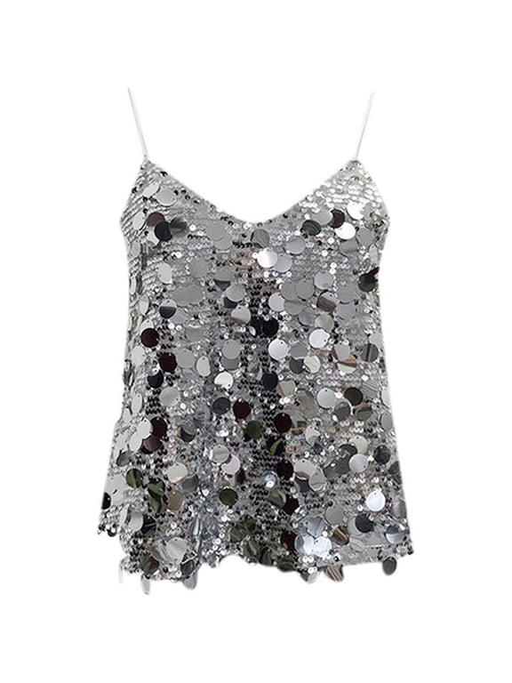 Sequin Tank V Neck Camisole Fish Scale Sequined Vest Spaghetti Strap Vest Sleeveless Tops Fashion Cropped Fitted Tanks & Camisole For Women