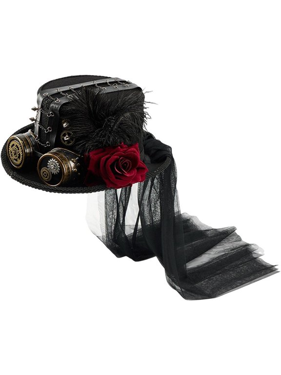 Steampunk Vintage Hat Metal Gear Goggles Top Hat Steampunk Rose Feather Mesh Hat Gothic Headgear for Halloween Party