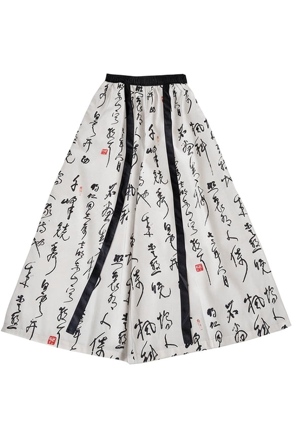 Unisex Chinese Calligraphy Ice Silk Wide Leg Hanfu Pants