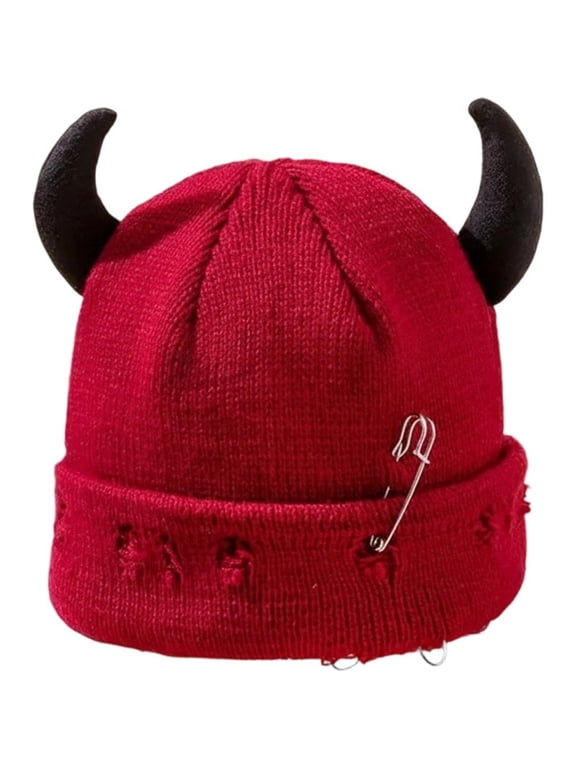 Unisex Knitted Beanie Hat, Devil Horns Knitted Hat, Halloween Distressed Skull Cap Funny Hip Hop Hat Windproof Warm Winter Yarn Hat For Men Women