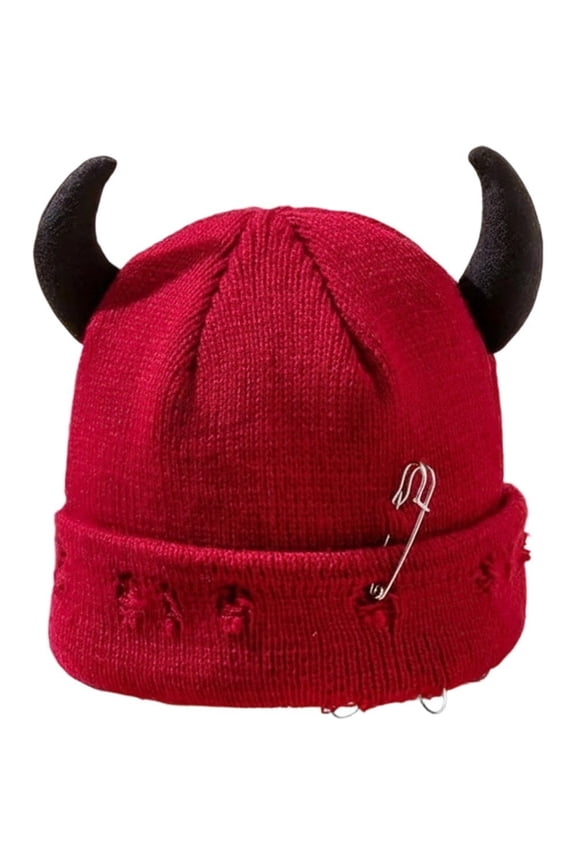 Unisex Knitted Beanie Hat, Devil Horns Knitted Hat, Halloween Distressed Skull Cap Funny Hip Hop Hat Windproof Warm Winter Yarn Hat For Men Women