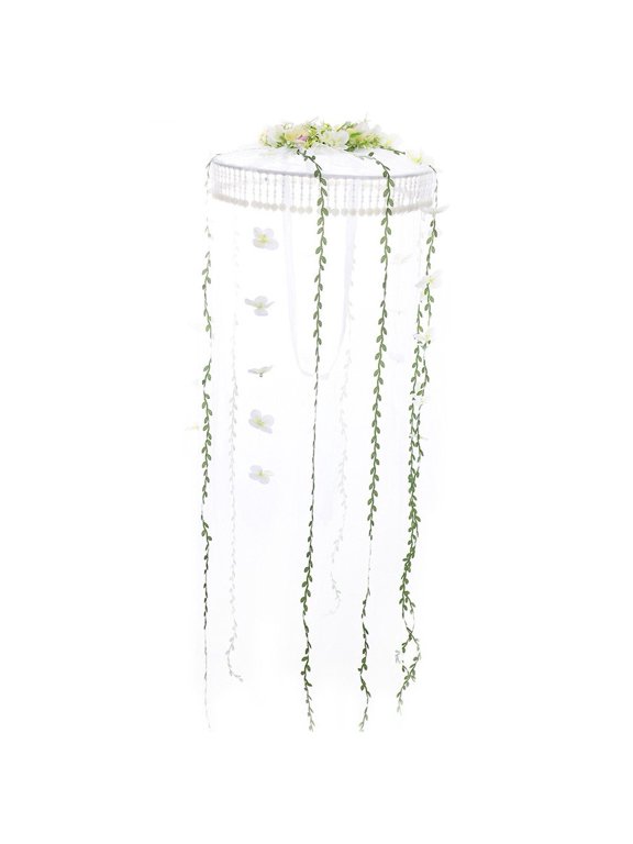 White Chinese Veil Hat With Butterfly Floral Decor Pearl Curtain Hat