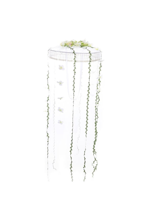 White Chinese Veil Hat With Butterfly Floral Decor Pearl Curtain Hat