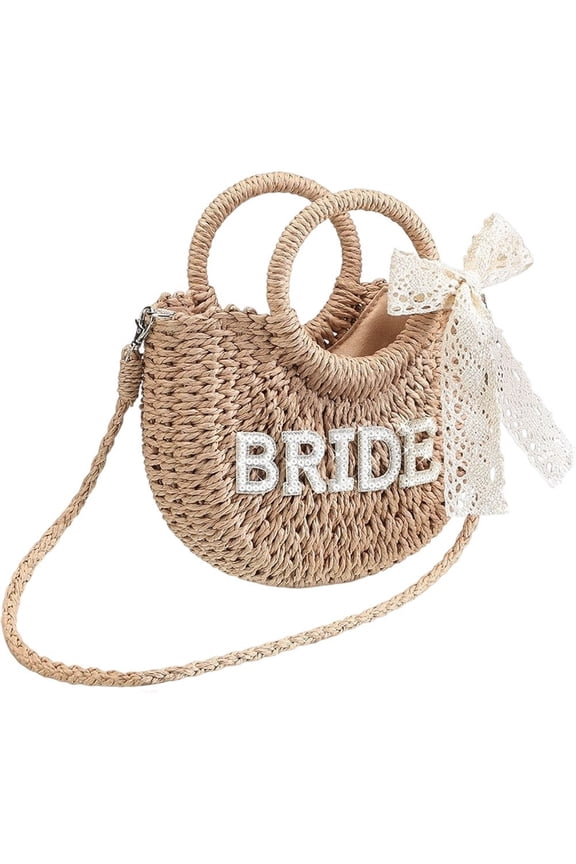 Women Bride paper Tote Bag Handwoven Bride Bag Rhinestone Pearl Letter Purse Shoulder Bag for Wedding Summer Beach Vacation Bridal Shower Bride Gift