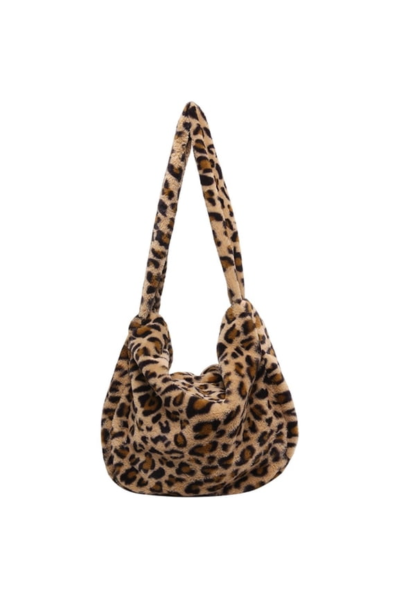 Women Plush Leopard Print Bag Underarm Shoulder Bag Large Capacity Handbag Winter Plush Shopping Tote Bag