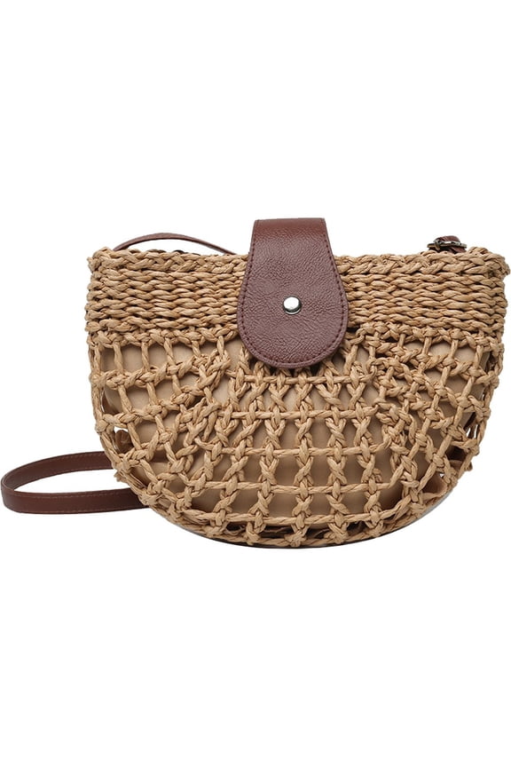 Women Straw Shoulder Bag Hollow out Half Round Bag Fashion Crossbody Bag Chic Casual Bag for Beach Travel Daily Use