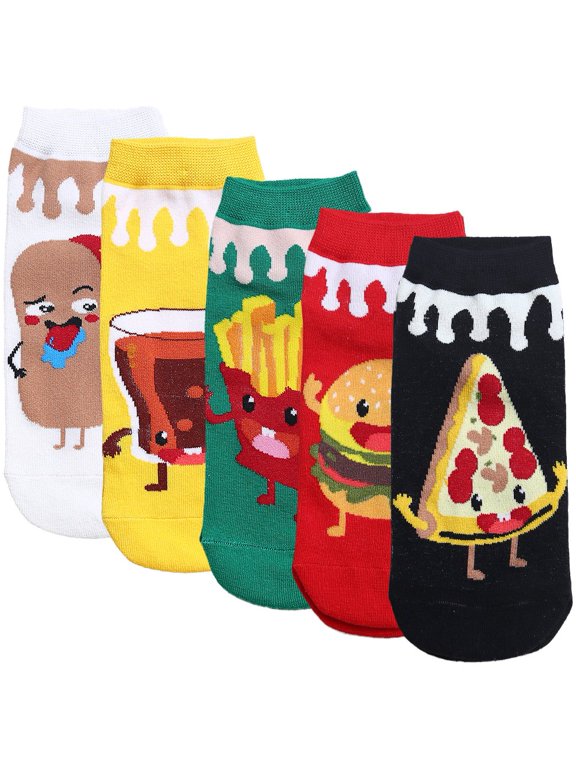 Womens Cartoon Odd Novelty Socks 5 Pair Fast Food Socks Funny Casual Combed Cotton Socks Packs Gifts EU 34-4