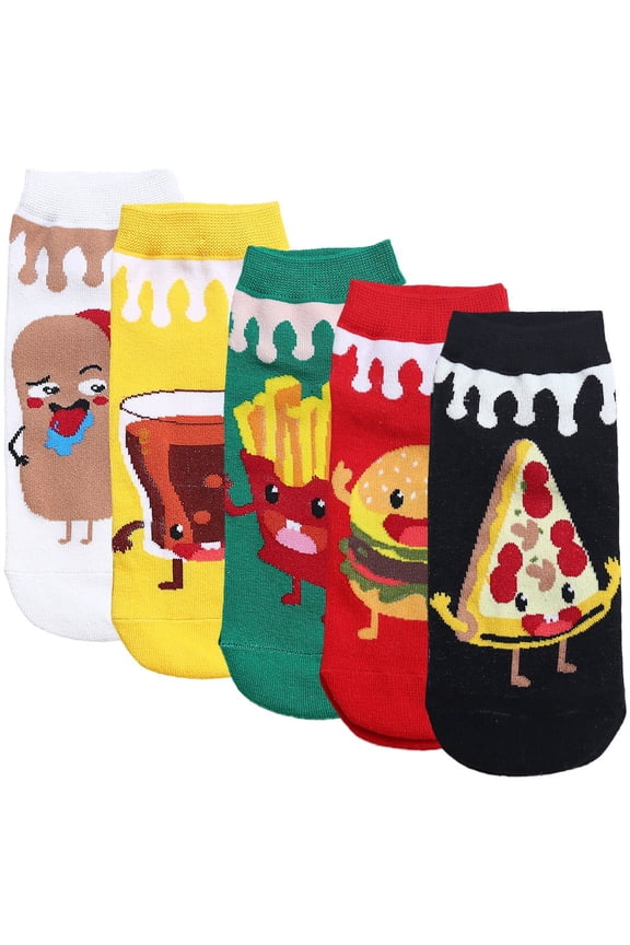 Womens Cartoon Odd Novelty Socks 5 Pair Fast Food Socks Funny Casual Combed Cotton Socks Packs Gifts EU 34-4