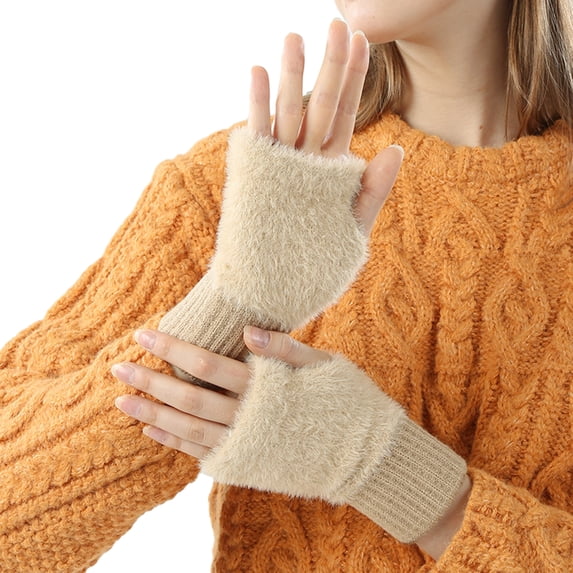 vnanda Comfortable Winter Gloves Women Winter Solid Color Plush Warm Gloves Fingerless Outdoor Warm Stretchy Furry Mittens