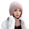 thumbnail image 1 of vnanda Contrast Color Beanie Ladies Winter Hat Knitted Color Block Windproof Warm Soft Ear Protection Plush Ball Decor Elastic Anti-slip Beanie Scarf Combo, 1 of 8