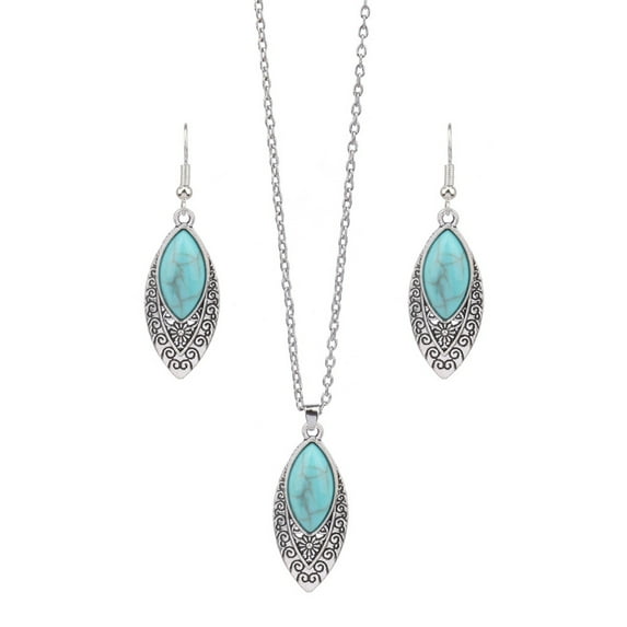vnanda Ethnic Style Necklace Earrings Set 2pcs/set Ethnic Style Faux Turquoise Necklace Earrings Set Women's Shining Rhinestones Inlaid Pendant Jewelry