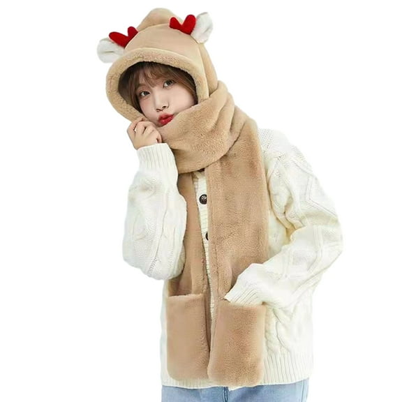 vnanda Hat Scarf Gloves Set Women Winter Warm Hat with Scarf Ultra-soft Cold-proof Cartoon Style 3-in-1 Multi-functional Hat Scarf Mitten Women Hat