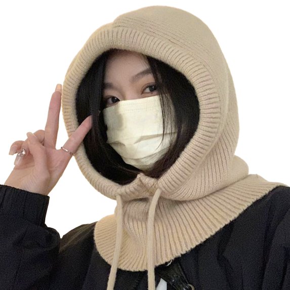 vnanda Knit Hat Ladies Winter Balaclava Knitted Thick Solid Color Drawstring Elastic Ear Neck Protection Lightweight Warm Soft Unisex Women Men Daily Hat
