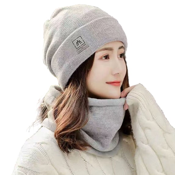 vnanda Knit Hat Scarf Set Women Winter Hat Scarf Set Knitted Thickened Solid Color Warm Windproof Elastic Anti-slip Plush Cycling Neck Wrap Beanie Set Lady