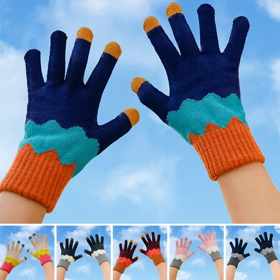 vnanda Knitted Gloves Winter Cycling Gloves Colorblock Knitted Elastic Soft Warm Anti slip Five Fingers Warm Windproof Thickened Unisex Gloves