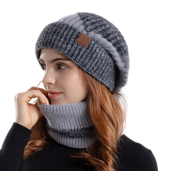 vnanda Knitted Hat Women Autumn Winter Hat Scarf Set Windproof Cold Soft Thick Fleece Lined Scarf Beanie Hat